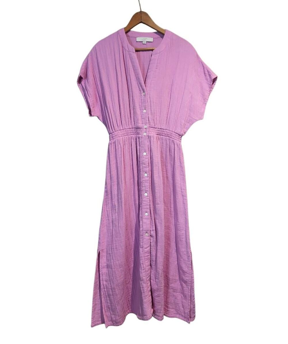 LOFT Dress Women's XS Pink Midi Cotton Gauze Button Down Beachy Boho